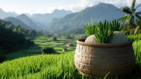 Warm morning light illuminating rice-filled baskets and rolling green terracesの素材