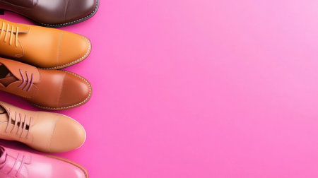 Trendy women's footwear beautifully arranged against bold pink backgroundの素材