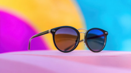 Stylish sunglasses showcased against bright colorful backdropの素材
