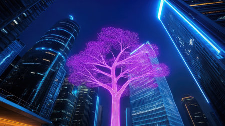 Vibrant neon tree growing among skyscrapers, representing technology evolution and smart citiesの素材