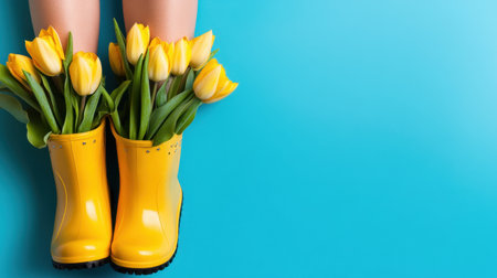 Legs in playful rubber boots with fresh tulips on bright blue backdropの素材