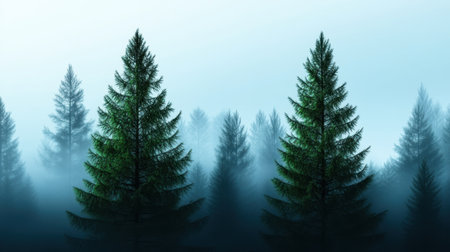 Pine tree silhouettes in a dreamy mist-filled forest landscape at sunriseの素材