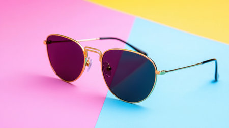 Pair of elegant sunglasses on abstract colorful surface, fashion conceptの素材