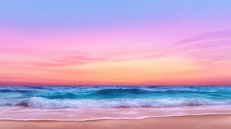 Serene beach landscape with calm ocean waves and pastel sunset sky, perfect for relaxation and meditationの素材