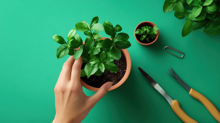 Woman hands preparing to pot a plant with gardening tools besideの素材