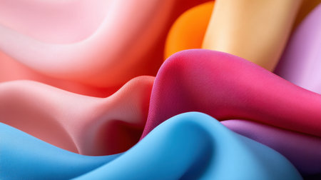 Abstract close-up of colorful fabric folds creating a smooth and artistic wave patternの素材