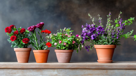 A creative floral arrangement in terracotta pots on a wooden tableの素材