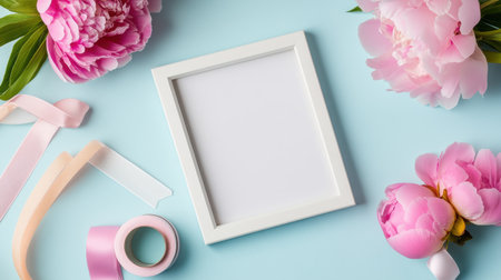 A flat lay of framed peonies with pastel accessories and ribbonsの素材