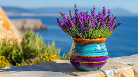 A burst of purple lavender by the ocean in a colorfully glazed potの素材