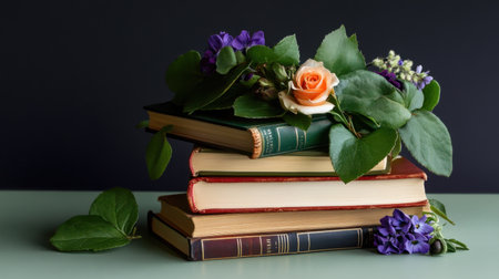 A literary still life: stacked books with a floral crown of roses and violetsの素材