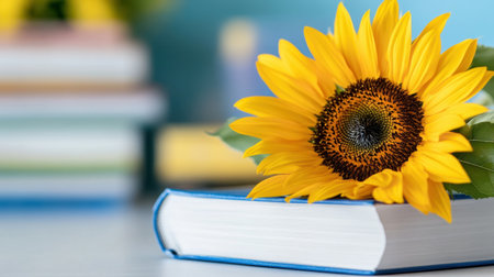 A burst of sunflower blooms from a white stack of books, symbolizing life and learningの素材