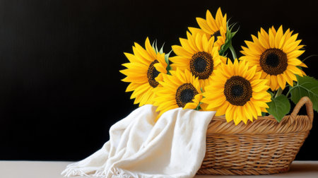 A close-up of bright sunflowers in a straw basket with cloth beneathの素材
