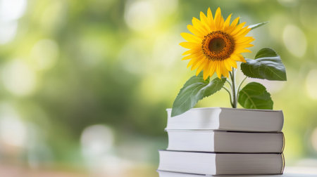 A burst of sunflower blooms from a white stack of books, symbolizing life and learningの素材
