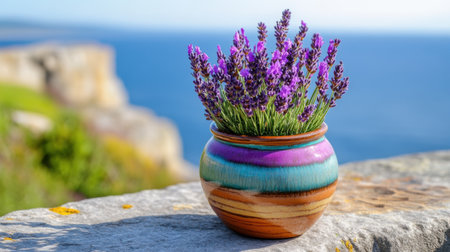 A burst of purple lavender by the ocean in a colorfully glazed potの素材