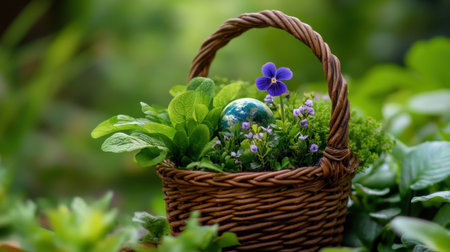 A garden basket filled with plants and Earth at the center, vibrant and overflowing with lifeの素材