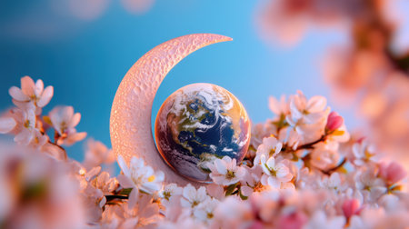 A crescent moon-shaped frame cradling Earth, surrounded by pink and white blossoms on a dreamy pastel backgroundの素材