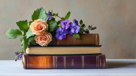 A literary still life: stacked books with a floral crown of roses and violetsの素材