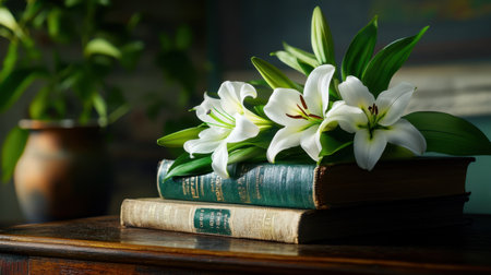 A lively arrangement of lilies on books evokes nostalgia and warmthの素材