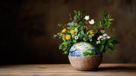 A lush floral arrangement with the Earth as its centerpiece inside a decorative basket on rustic woodの素材