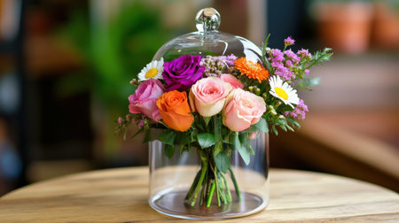 A mix of roses, daisies, and wildflowers displayed beautifully under a glass bell jarの素材
