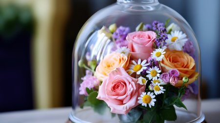A mix of roses, daisies, and wildflowers displayed beautifully under a glass bell jarの素材