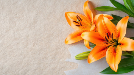 A vibrant scene of orange lilies and old paper texturesの素材