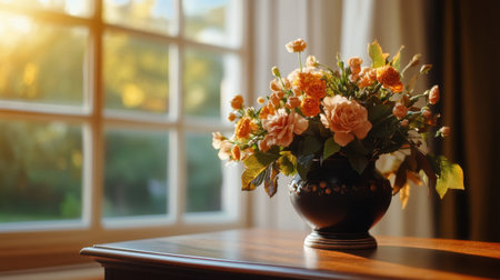 A timeless bouquet in urn placed near a window with filtered sunlightの素材