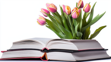 A surreal scene of tulips sprouting through the pages of a stacked book pile, isolated on whiteの素材