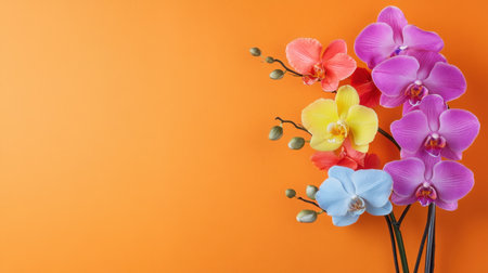 A vibrant composition featuring orchids framed in gold on orange velvetの素材