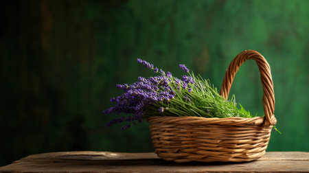 A vibrant basket filled with freshly cut lavender, resting on a rustic surfaceの素材