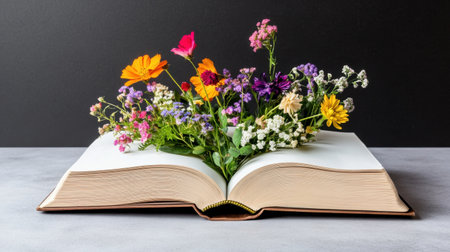 An open poetry book with multicolored floral accents rising from the spineの素材