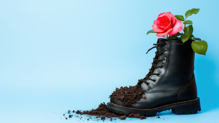An unexpected flower pot: boot filled with rose and dirt, on bold blueの素材