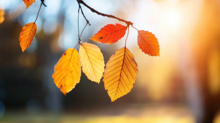 Autumn magic captured in gentle branches with golden and red leaves swaying softly in the breezeの素材
