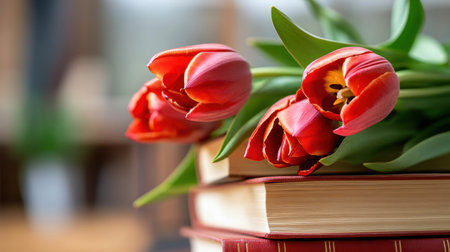 Blossoming red tulips rooted in literature--books stacked with tulips blooming from withinの素材