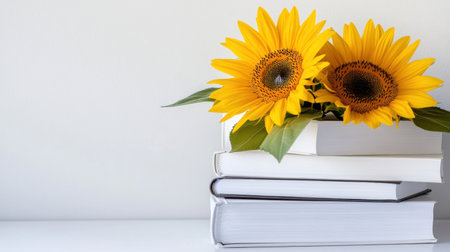 Bright sunflowers growing through a stack of plain white books, symbolizing creativity and sunshineの素材