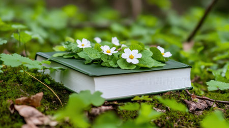 Book as a garden--flowers tucked inside its pages on a leafy backgroundの素材