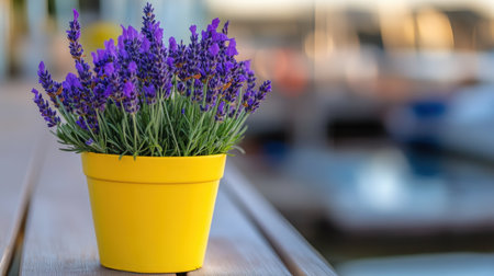 Bright purple lavender in a colorful pot by a coastal boardwalkの素材