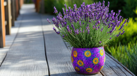 Bright purple lavender in a colorful pot by a coastal boardwalkの素材