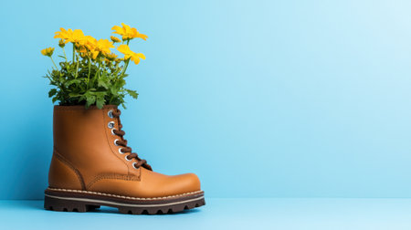 Brown boot repurposed as a flower pot, blue backdrop for contrastの素材