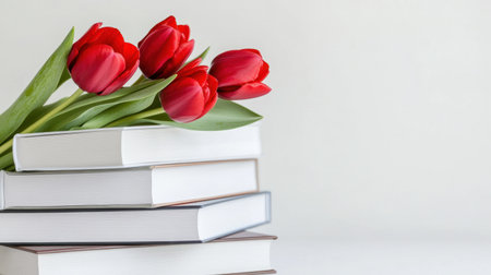Bright red tulips blooming from the top of a stacked pile of white hardcover books on a clean white backgroundの素材