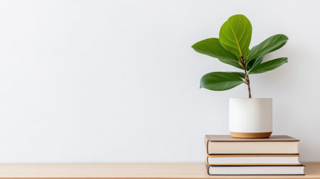 Clean decor featuring leafy potted plant resting on curated book stackの素材