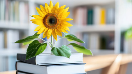 Bright sunflowers growing through a stack of plain white books, symbolizing creativity and sunshineの素材