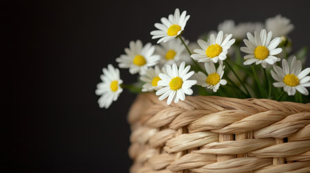 Close-up of delicate white daisies overflowing from a hand-woven basketの素材