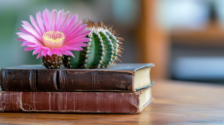 Close-up of pink cactus flower atop dusty books with cracked leather coversの素材