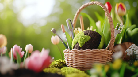 Earth nestled in a charming basket surrounded by blooming tulips and garden tools, springtime conceptの素材