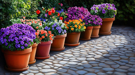 Clustered pots of vivid florals on a cobblestone path in full sunlightの素材