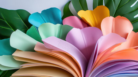 Colorful mix of petals and pages set against a lush leaf backdropの素材
