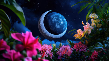 Dreamlike crescent moon holds the planet Earth, surrounded by flowers in bloom and glowing softly against night skyの素材