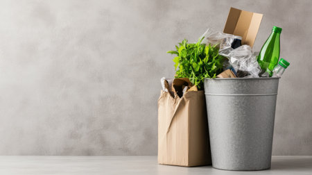 Concrete bin filled with sorted recyclable materials, placed against a neutral backgroundの素材