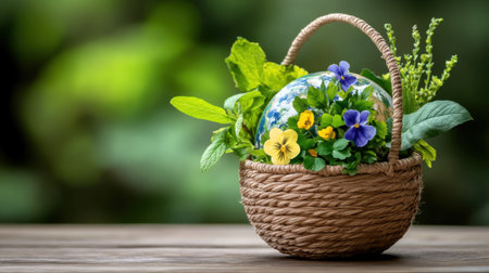 Earth adorned with spring flowers and green leaves inside a woven basket, concept of harmony with the planetの素材